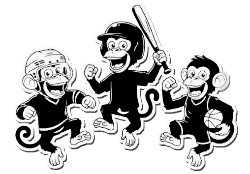 Three cartoon monkeys dressed in sports attire: one wearing a hockey helmet, one holding a baseball bat, and the third holding a basketball.