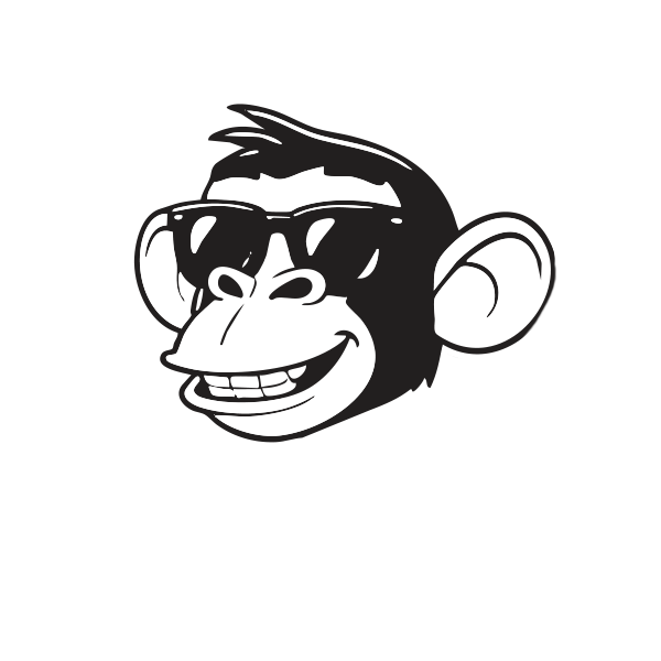Cartoon monkey head wearing sunglasses, smiling.